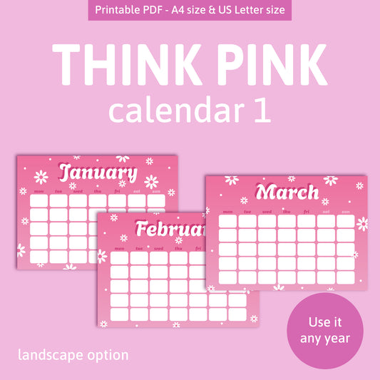 Think Pink printable calendar 1 horizontal layout